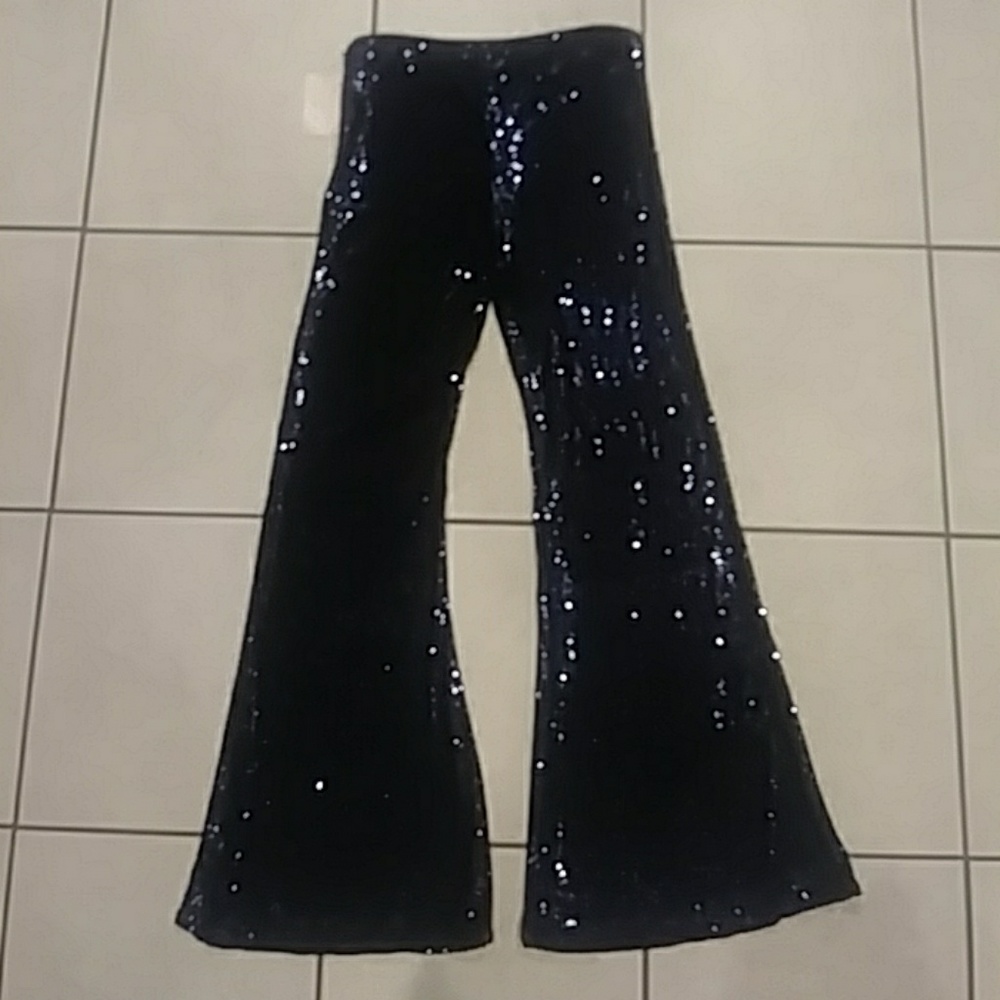 Free People Zip-Up Blue Sequin Bell Bottom Pants. - Picture 5 of 8